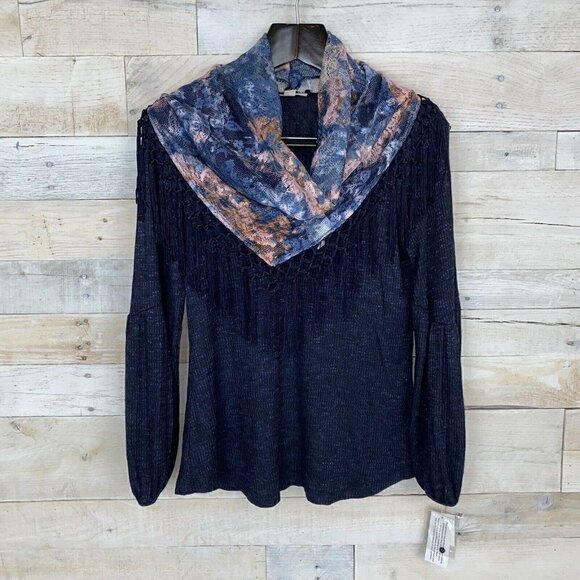 Style & Co Femme Fusion Navy Blue Fringed Top Medium - Picture 1 of 6